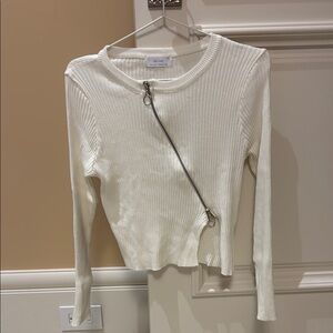 OAK + FORT Cream Ribbed Asymmetrical Sweatshirt